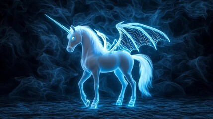 Unicorn with a spooky Halloween twist, glowing horn and bat wings, dark forest, 3D illustration