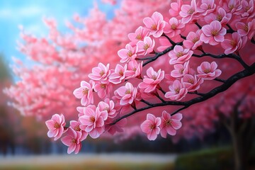 Poster - Peach blossom landscape painting with soft and pastel tones, depicted in an artwork where a landscape is painted in soft pastel tones, with peach blossom trees adding color and life to the serene