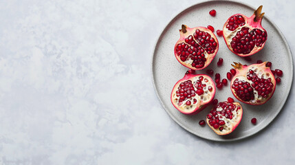 Wall Mural - Top view of a fresh tasty pomegranate fruit on a plate, showcasing its juicy, delicious seeds, perfect for a healthy diet, with vibrant red color and copy space for a beautiful food presentation