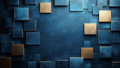 Poster - Abstract Pattern of Gold and Blue Squares on a Dark Blue Background