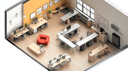 Poster - Create an image of an office with an open layout, including collaborative spaces, private workstations, and a communal kitchen.