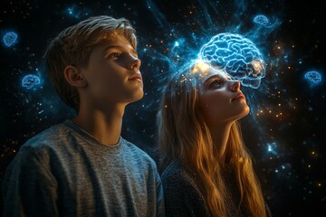 Canvas Print - Two Young Individuals Looking Upward with Digital Neural Patterns Symbolizing Future Technology Learning and Cognitive Enhancement in a Sci Fi Environment