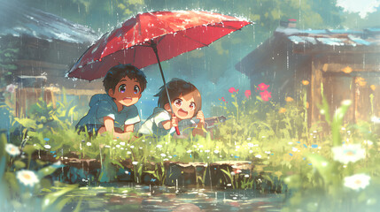 two little kids carrying umbrellas having fun playing in the rain, Anime style