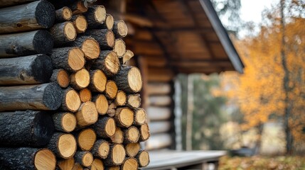 Wall Mural - A stack of cut firewood neatly arranged against the side of a log cabin, ready for use in a cozy winter fireplace.