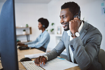 Aufkleber - Business people, telemarketing and headphones with computer, call center and help desk in office. Internet, employees or insurance agents with pc, crm or customer service with tech support or headset
