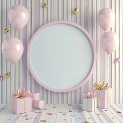 Wall Mural - 3D rendering of an empty round frame with pastel-colored balloons, gifts, and confetti on a striped background, generative AI