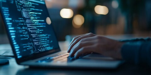 A focused programmer typing on a laptop, surrounded by a modern workspace, showcasing lines of code and a dynamic tech environment.
