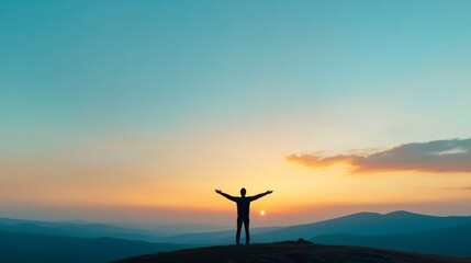 A silhouette of a person with outstretched arms against a vibrant sunset, symbolizing freedom and tranquility in nature.