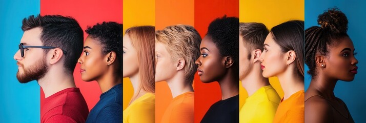 Aufkleber - A lineup of diverse faces showcases separation by a barrier, symbolizing bias, with vibrant colors emphasizing individuality and disparity. Generative AI