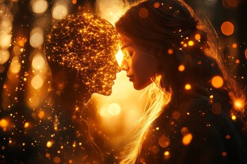 Poster - Romantic Couple with Illuminated Neural Patterns Symbolizing a Deep Emotional Connection Love and Unity in a Warm Dreamlike Setting