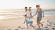 © Lumeez23/peopleimages.com - Beach, family and running with children at sunset for outdoor holiday, adventure and weekend trip. Happy, father and mother with kids by ocean in summer for travel, journey and vacation in Florida