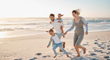 Wall Mural - Beach, family and running with children at sunset for outdoor holiday, adventure and weekend trip. Happy, father and mother with kids by ocean in summer for travel, journey and vacation in Florida