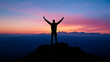 © Nemanja - Man on mountain top with raised up arms, freedom and success silhouette against sunset sky, adventurous hiker celebrating victory at nature peak with outstretched hands