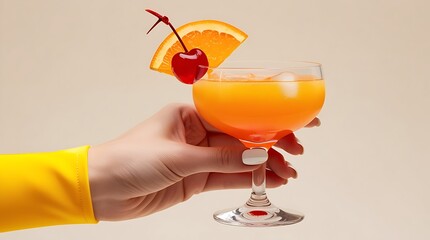 a vintage retro female hand holding a cocktail isolated on a plain background, 1960s and 70s style. (11)