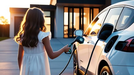 A young girl is plugging in an EV charger into an electric vehicle at a home charging station, demonstrating the simplicity and convenience of the home charging system for electric cars  