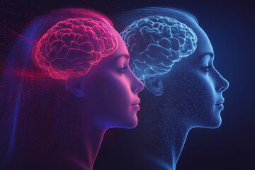 Poster - Twin Female Silhouettes with Contrasting Red and Blue Brain Patterns Representing Cognitive Duality Emotional Conflict and the Complexities of Thought