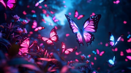mesmerizing neon butterflies swirling in a magical moonlit garden