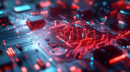 Poster - Glowing futuristic circuit board structures illuminating enigmatic high tech environment with geometric shapes and digital components