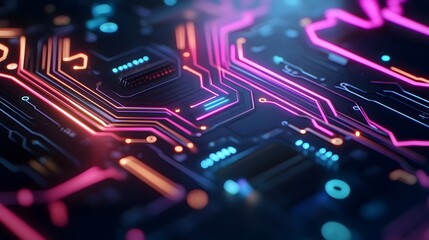 Poster - Captivating Glowing Circuit Board Patterns in Shadowy Industrial Backdrop