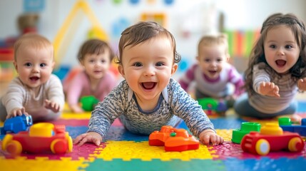 Happy Babies Playing With Toys On Colorful Mat