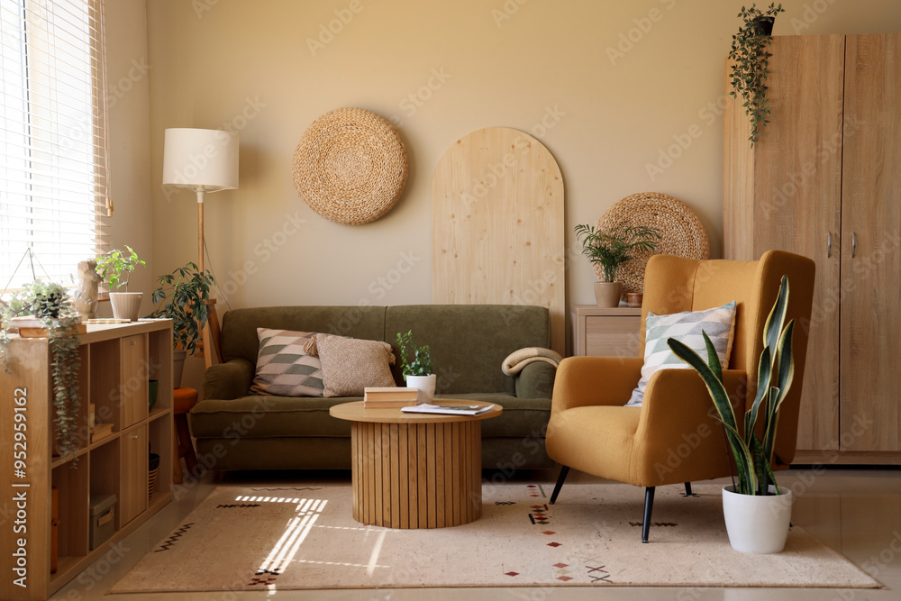 Armchair near sofa and coffee table in living room