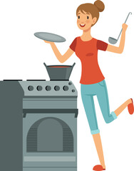 Sticker - Woman cook meal on stove. Cartoon housewife character