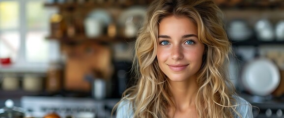 Wall Mural - Portrait of a beautiful woman with blonde hair and blue eyes smiling in a kitchen.