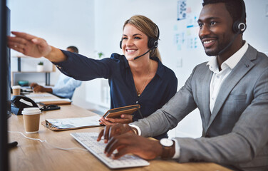 Poster - Business people, telemarketing and coaching with computer, call center and help desk. Mentor, employees and insurance agents with pc, connection and customer service with tech support and headset
