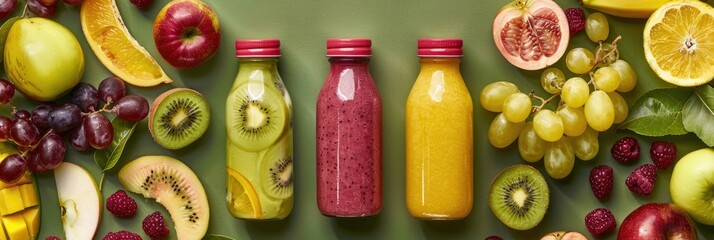 Sticker - Collection of three bottles filled with smoothies and an assortment of fresh fruits like apples, grapes, kiwifruit, and mango.