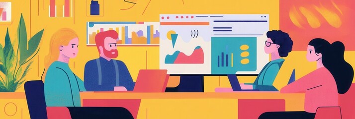 Poster - A diverse group of individuals is gathered around a table, interacting with laptops and discussing various ideas in a lively workspace. Generative AI
