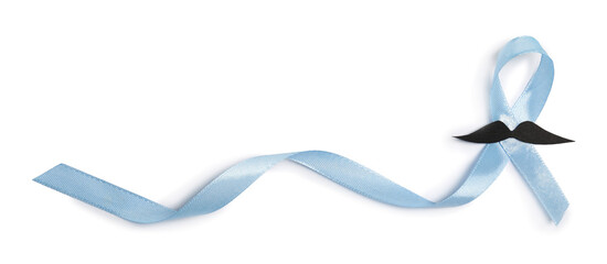 Poster - Light blue ribbon and fake mustache isolated on white, top view. Prostate cancer awareness