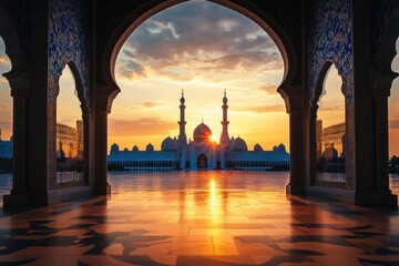 Wall Mural - Mosque sunset islamic frame, vertical image, social media story, Ramadan or islamic concept wallpaper, ai