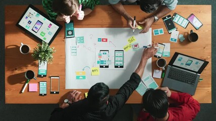 Fototapete - Professional developer team sharing idea of Ux Ui design by using mind map. Top down view of group of business people working together to brainstorm or plan mobile phone interface app. Convocation.