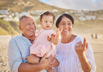 Sticker - Grandparents, girl and happy at beach with pointing for bonding, care and love in Mauritius. Outdoor, people and smile with kid for support at seaside on holiday, journey and travel for memories