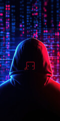 Poster - A mysterious figure in a hooded sweatshirt is illuminated by vibrant blue and red lights, symbolizing the complex world of cybersecurity and digital anonymity.