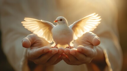 Jesus' hand holds a little dove gently, symbolizing love and peace. Light shines down from above, illuminating the area.