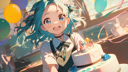 Wall Mural - anime girl celebrate your birthday, birthday cake is given to you. anime style