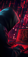 Poster - A cloaked figure types on a laptop, surrounded by a vibrant array of digital code and light. This image explores the mysterious world of hacking and cyber secrets.