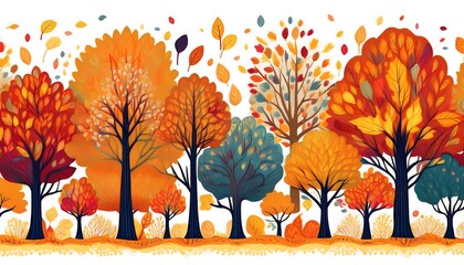 Whimsical Autumn Trees Pattern - watercolor autumn trees pattern with variety of tree types and vibrant leaf colors. Graphic art illustration. Ai generated