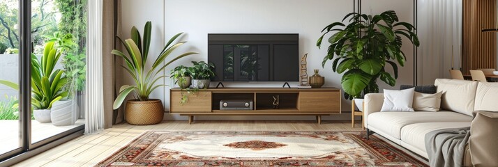 Sticker - Cozy living room with a television, sofa, rug, and storage unit.