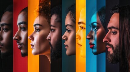 Aufkleber - The faces of diverse individuals are separated by a bold barrier, showcasing striking contrasts that underline themes of division and bias. Generative AI