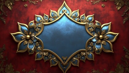 Poster - Ornate Golden Frame with Blue Center on Red Background