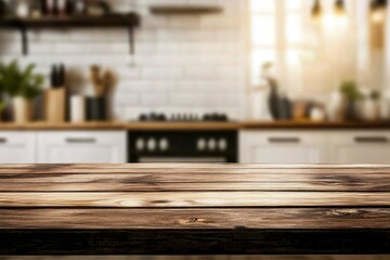 Space for product montage on wooden table top over blurred kitchen counter interior background , ai