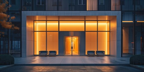 Poster - Modern bank building facade with illuminated meeting rooms