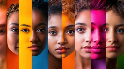 Aufkleber - Brightly colored faces separated by a line showcase diversity and highlight themes of division, bias, and individual differences. Generative AI