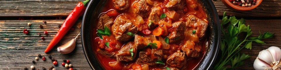 Poster - Savory meat and vegetable stew flavored with paprika and spices, perfect for recipes, articles, menus, and culinary content.