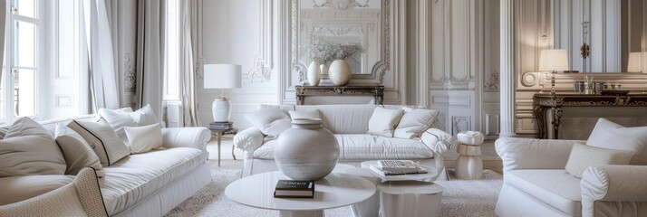 Poster - An elegant interior of a living room featuring white furniture.