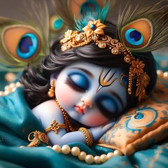 Sleeping Baby Krishna with Peacock Feathers and Jewelry