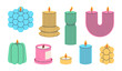 © Torontotokio - Cute aroma candles. Burning aromatic candles, wax decorative candles, home interior decor and aromatherapy flat vector illustration set. Colorful candles collection