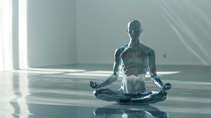 Canvas Print - A reflective, humanoid figure meditating in a serene, minimalist space.